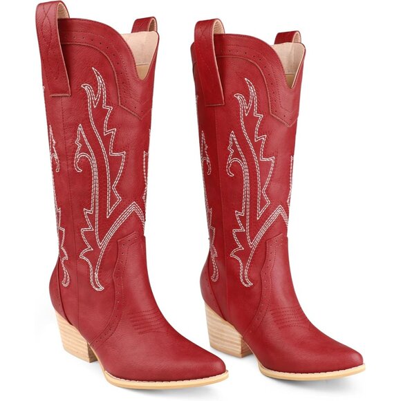⚡Women's Red Mid Calf Cowgirl Boots Pointy Toe Boot Embroidered Western - Picture 1 of 8